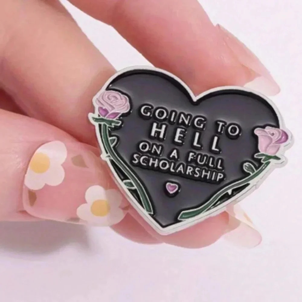 Black heart with green and pink flowers enamel pin funny denim bag clothes flare